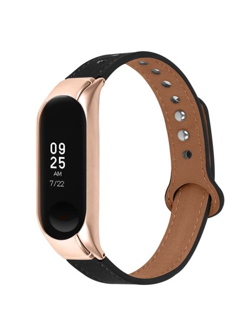 For Xiaomi Mi Band 5 / 6 Smart Watch Top Layer Cowhide Strap Replacement Wrist Band with Double Rivet, Rose Gold Watch Case - Black