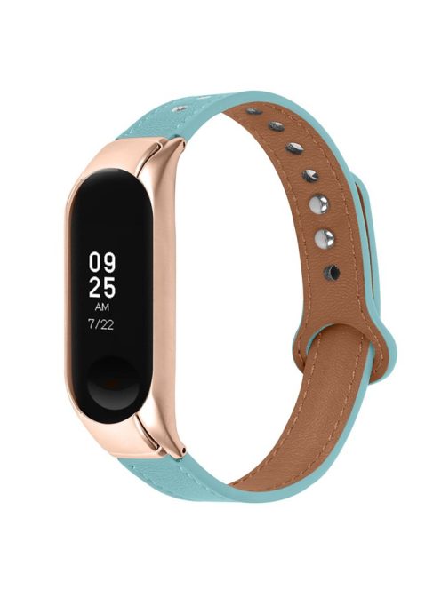 For Xiaomi Mi Band 5 / 6 Smart Watch Top Layer Cowhide Strap Replacement Wrist Band with Double Rivet, Rose Gold Watch Case - Blue