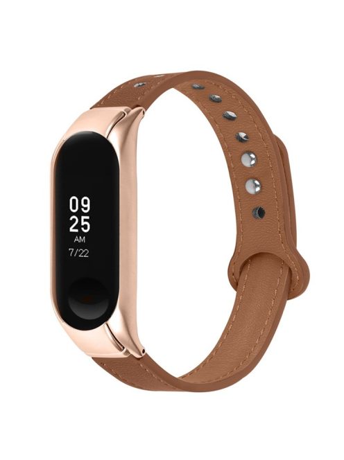 For Xiaomi Mi Band 5 / 6 Smart Watch Top Layer Cowhide Strap Replacement Wrist Band with Double Rivet, Rose Gold Watch Case - Brown