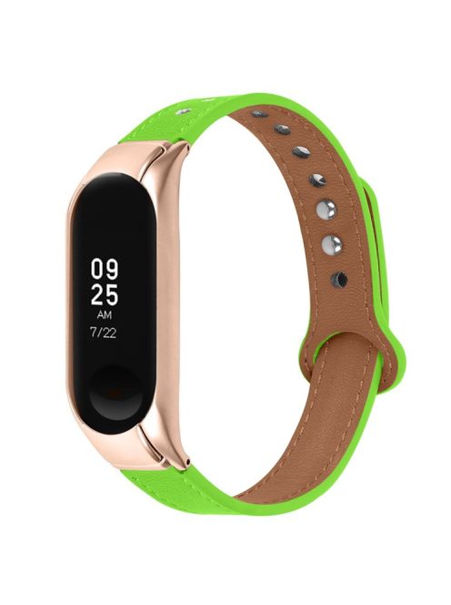 For Xiaomi Mi Band 5 / 6 Smart Watch Top Layer Cowhide Strap Replacement Wrist Band with Double Rivet, Rose Gold Watch Case - Fluorescent Green