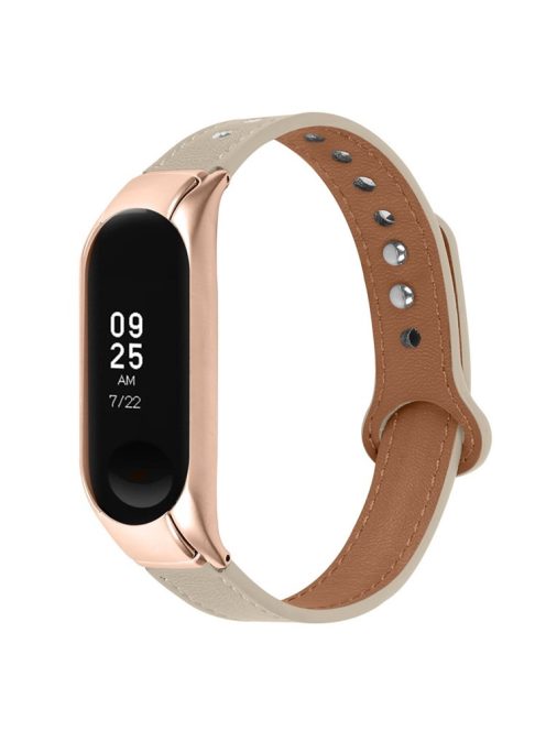 For Xiaomi Mi Band 5 / 6 Smart Watch Top Layer Cowhide Strap Replacement Wrist Band with Double Rivet, Rose Gold Watch Case - Ivory White