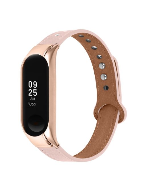 For Xiaomi Mi Band 5 / 6 Smart Watch Top Layer Cowhide Strap Replacement Wrist Band with Double Rivet, Rose Gold Watch Case - Light Pink