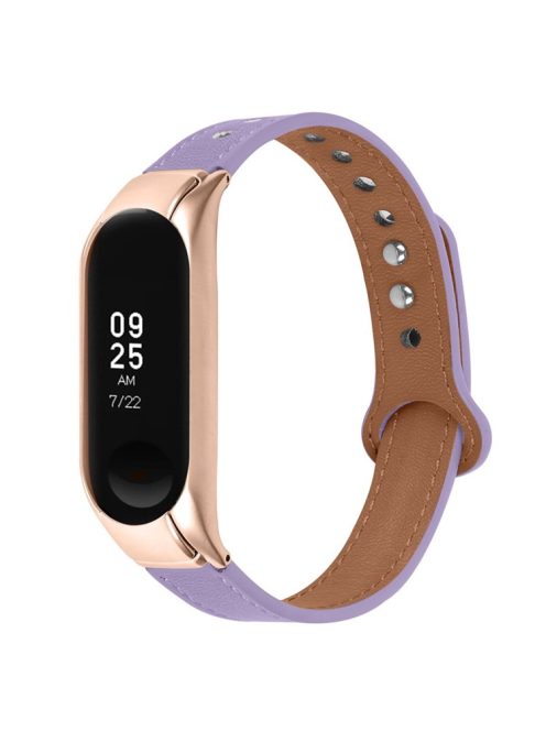 For Xiaomi Mi Band 5 / 6 Smart Watch Top Layer Cowhide Strap Replacement Wrist Band with Double Rivet, Rose Gold Watch Case - Light Purple