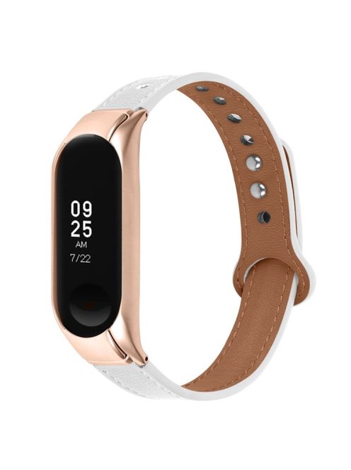 For Xiaomi Mi Band 5 / 6 Smart Watch Top Layer Cowhide Strap Replacement Wrist Band with Double Rivet, Rose Gold Watch Case - White