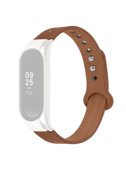 For Xiaomi Mi Band 5 / 6 Solid Color Top Layer Cowhide Wrist Strap Replacement Watchband with Double Rivet, Black Watch Case - Brown