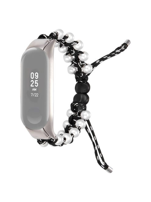 For Xiaomi Mi Band 5/6 Stylish Beads Decor Replacement Wrist Band Drawstring Design Adjustable Nylon Rope Watch Strap - Black/White