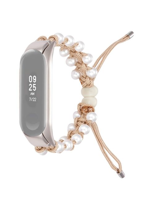 For Xiaomi Mi Band 5/6 Stylish Beads Decor Replacement Wrist Band Drawstring Design Adjustable Nylon Rope Watch Strap - Khaki