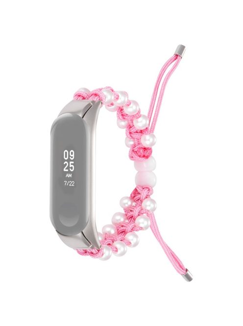 For Xiaomi Mi Band 5/6 Stylish Beads Decor Replacement Wrist Band Drawstring Design Adjustable Nylon Rope Watch Strap - Pink