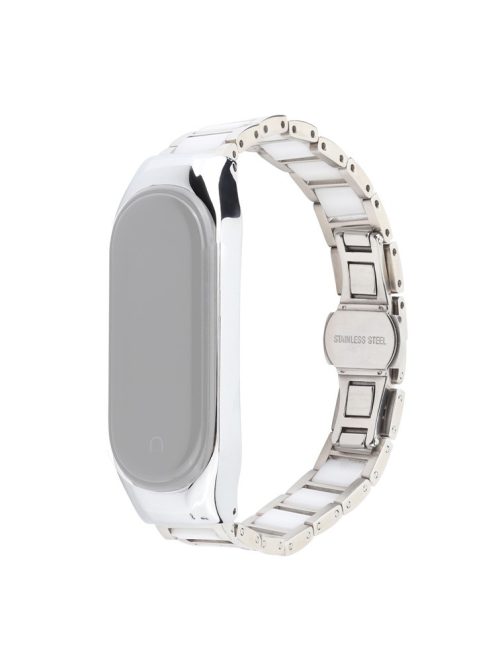 For Xiaomi Mi Band 5/Mi Band 6 Ceramics+Stainless Steel Watch Strap Replacement Watch Band - Three Beads White