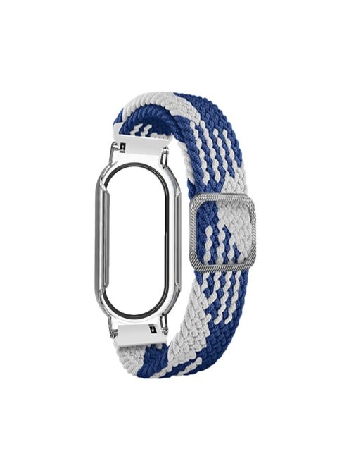 For Xiaomi Mi Band 7 / 7 NFC Elastic Watch Band 3 in 1 Nylon Braided Wrist Strap with PC Watch Case  /  Tempered Glass Screen Protector - Blue White / Transparent