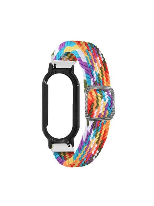 For Xiaomi Mi Band 7 / 7 NFC Elastic Watch Band 3 in 1 Nylon Braided Wrist Strap with PC Watch Case  /  Tempered Glass Screen Protector - Rainbow / Black