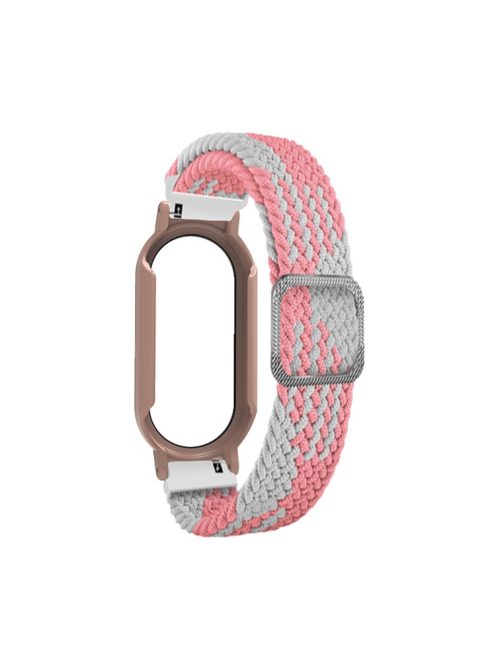 For Xiaomi Mi Band 7 / 7 NFC Elastic Watch Band 3 in 1 Nylon Braided Wrist Strap with PC Watch Case  /  Tempered Glass Screen Protector - White Pink / Pink