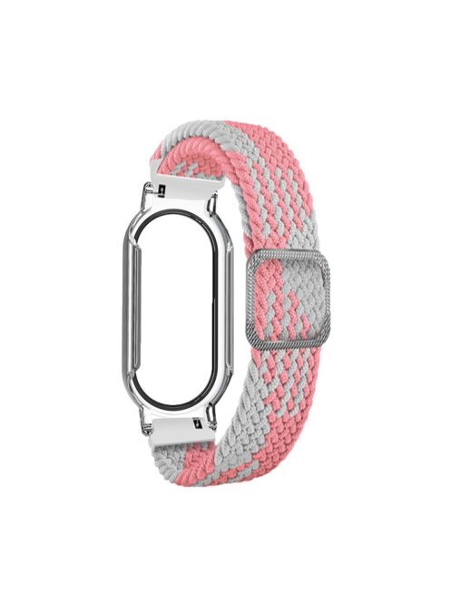 For Xiaomi Mi Band 7 / 7 NFC Elastic Watch Band 3 in 1 Nylon Braided Wrist Strap with PC Watch Case  /  Tempered Glass Screen Protector - White Pink / Transparent