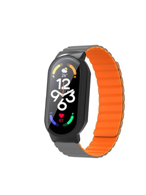 For Xiaomi Mi Band 7 / 7 NFC Silicone Magnetic Watch Band 3 in 1 Replacement Wrist Strap with PC Watch Case  /  Tempered Glass Screen Protector - Grey / Orange