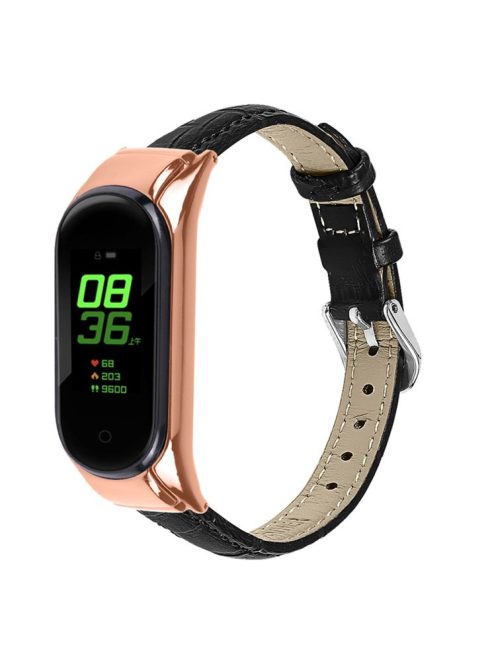 For Xiaomi Mi Band 7 Bamboo Grain Top Layer Cowhide Leather Buckle Design Watch Band with Rose Gold Watch Cover - Black