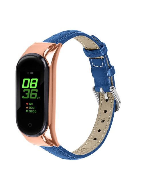 For Xiaomi Mi Band 7 Bamboo Grain Top Layer Cowhide Leather Buckle Design Watch Band with Rose Gold Watch Cover - Blue