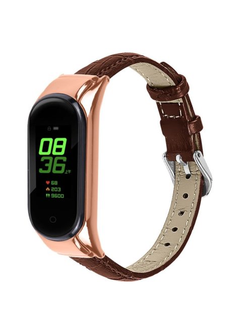 For Xiaomi Mi Band 7 Bamboo Grain Top Layer Cowhide Leather Buckle Design Watch Band with Rose Gold Watch Cover - Brown