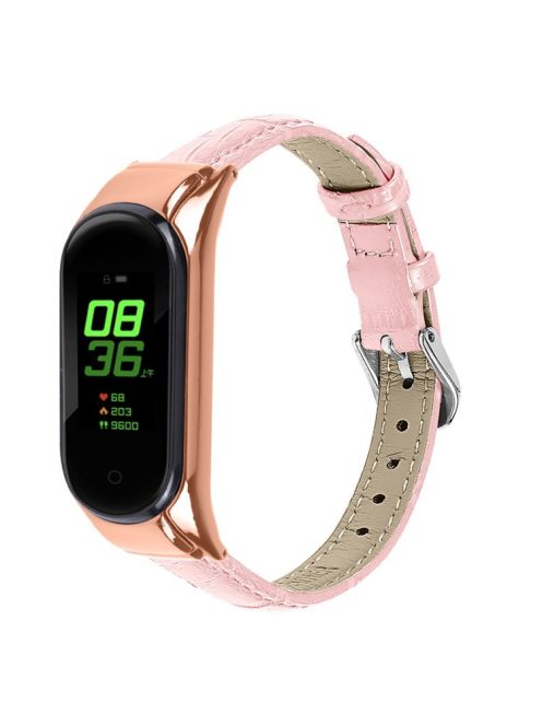 For Xiaomi Mi Band 7 Bamboo Grain Top Layer Cowhide Leather Buckle Design Watch Band with Rose Gold Watch Cover - Pink