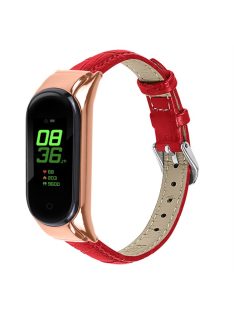   For Xiaomi Mi Band 7 Bamboo Grain Top Layer Cowhide Leather Buckle Design Watch Band with Rose Gold Watch Cover - Red