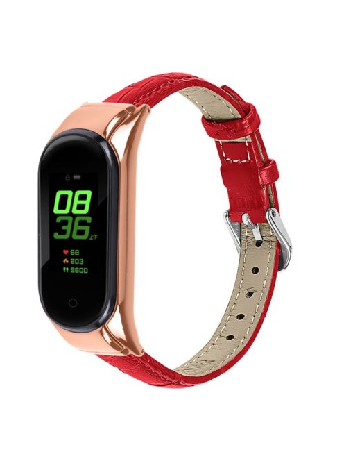 For Xiaomi Mi Band 7 Bamboo Grain Top Layer Cowhide Leather Buckle Design Watch Band with Rose Gold Watch Cover - Red