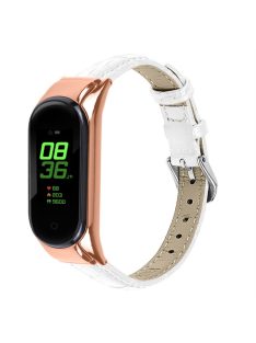   For Xiaomi Mi Band 7 Bamboo Grain Top Layer Cowhide Leather Buckle Design Watch Band with Rose Gold Watch Cover - White