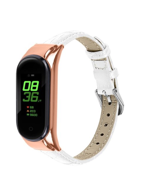 For Xiaomi Mi Band 7 Bamboo Grain Top Layer Cowhide Leather Buckle Design Watch Band with Rose Gold Watch Cover - White