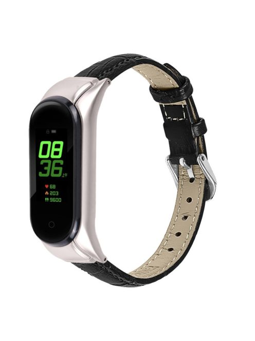 For Xiaomi Mi Band 7 Buckle Design Top Layer Cowhide Leather Bamboo Grain Adjustable Watch Band with Silver Protective Cover - Black