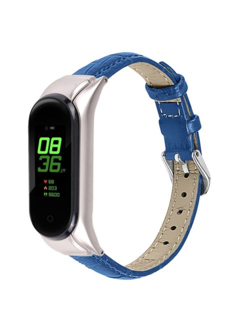 For Xiaomi Mi Band 7 Buckle Design Top Layer Cowhide Leather Bamboo Grain Adjustable Watch Band with Silver Protective Cover - Blue