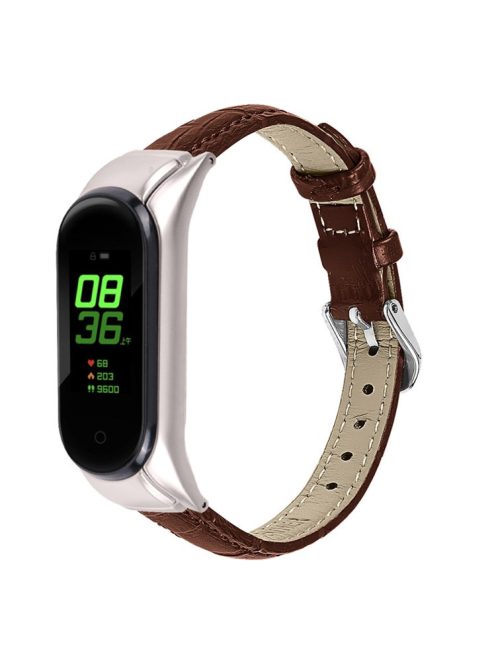 For Xiaomi Mi Band 7 Buckle Design Top Layer Cowhide Leather Bamboo Grain Adjustable Watch Band with Silver Protective Cover - Brown