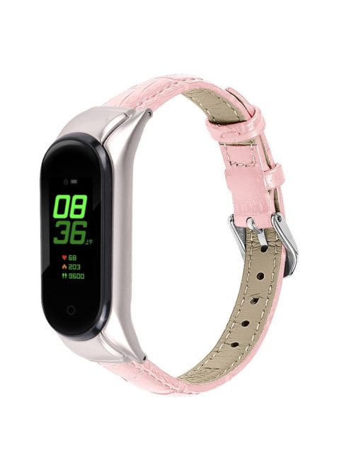 For Xiaomi Mi Band 7 Buckle Design Top Layer Cowhide Leather Bamboo Grain Adjustable Watch Band with Silver Protective Cover - Pink