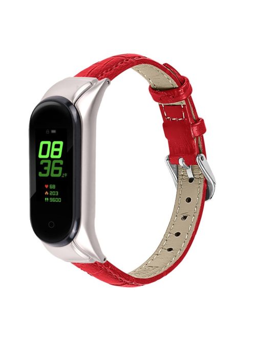 For Xiaomi Mi Band 7 Buckle Design Top Layer Cowhide Leather Bamboo Grain Adjustable Watch Band with Silver Protective Cover - Red