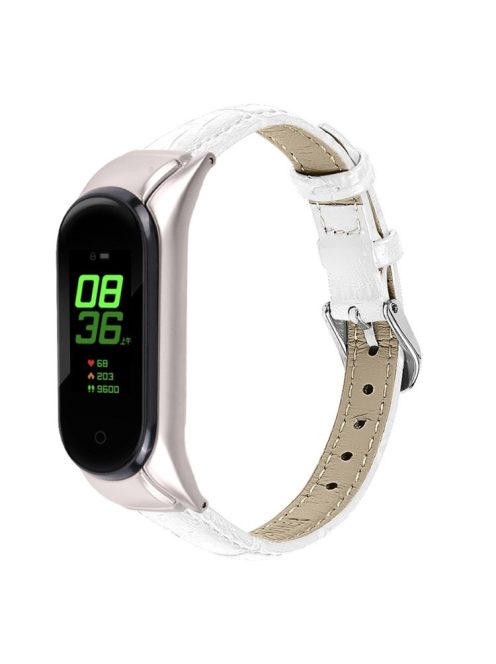 For Xiaomi Mi Band 7 Buckle Design Top Layer Cowhide Leather Bamboo Grain Adjustable Watch Band with Silver Protective Cover - White