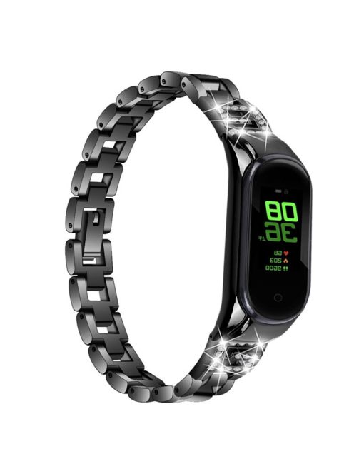 For Xiaomi Mi Band 7 G Letter Rhinestones Decor Stainless Steel Watch Strap Replacement Wrist Band - Black