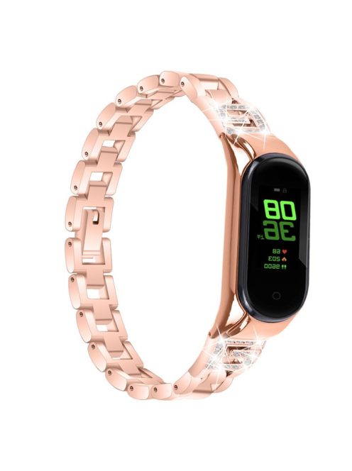 For Xiaomi Mi Band 7 G Letter Rhinestones Decor Stainless Steel Watch Strap Replacement Wrist Band - Rose Gold