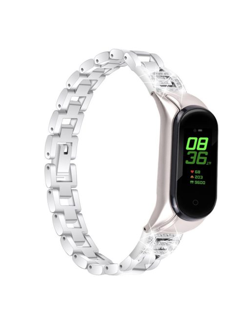 For Xiaomi Mi Band 7 G Letter Rhinestones Decor Stainless Steel Watch Strap Replacement Wrist Band - Silver