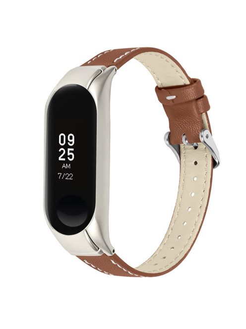 For Xiaomi Mi Band 7 Genuine Cowhide Leather Watch Band Adjustable Wrist Strap with Silver Watch Case - Brown