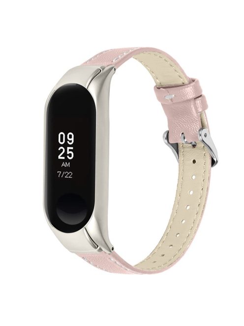 For Xiaomi Mi Band 7 Genuine Cowhide Leather Watch Band Adjustable Wrist Strap with Silver Watch Case - Pink