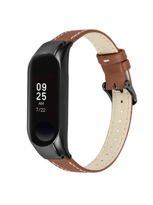 For Xiaomi Mi Band 7 Genuine Cowhide Leather Watch Strap Replacement Watchband with Black Watch Case - Brown