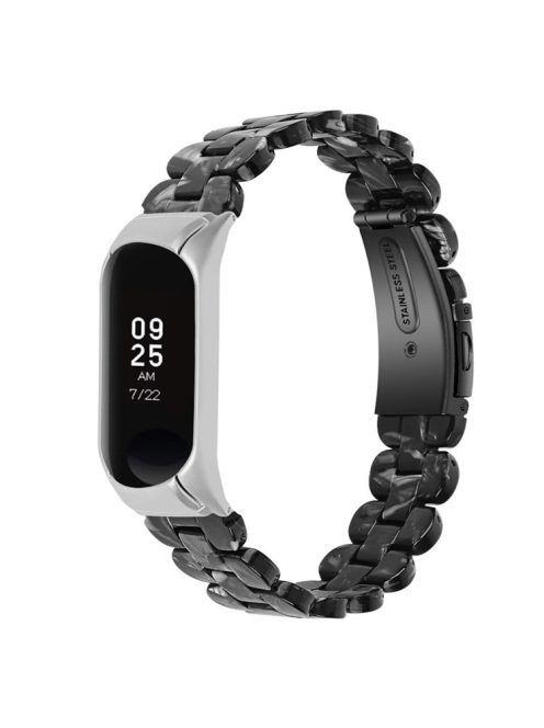 For Xiaomi Mi Band 7 Oval Resin Watchband Stainless Steel Buckle Strap Replacement - Black Flower