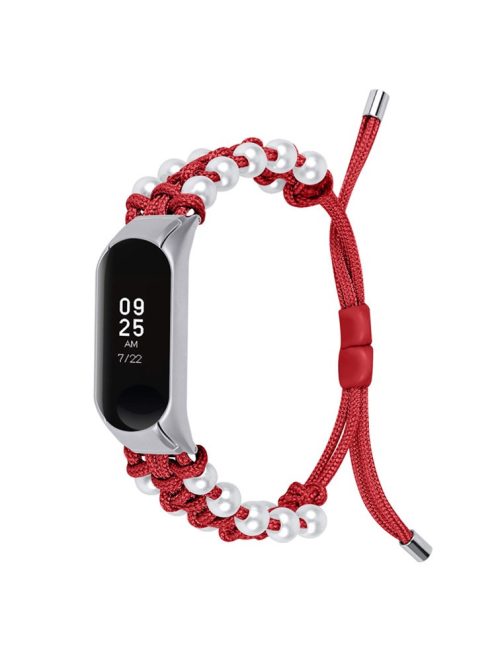 For Xiaomi Mi Band 7 Pearl Woven Watch Band Adjustable Nylon Stylish Wrist Strap Replacement - Red