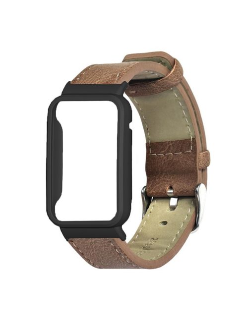 For Xiaomi Mi Band 7 Pro Genuine Leather Watch Band Replacement Wrist Strap with Watch Case Cover - Brown