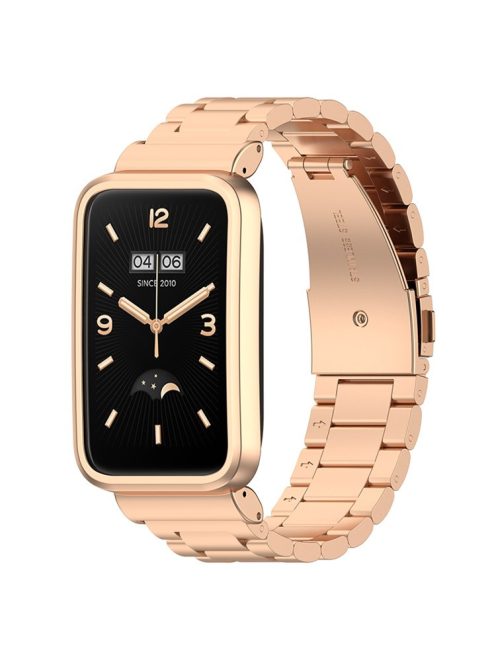 For Xiaomi Mi Band 7 Pro Stainless Steel Three Beads Wrist Strap Replacement Band with Watch Case - Rose Gold