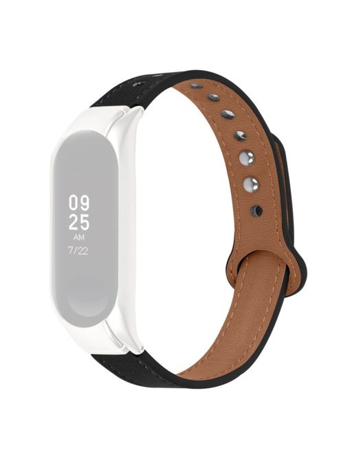 For Xiaomi Mi Band 7 Replacement Strap Top Layer Cowhide Adjustable Wrist Band with Double Rivet, Silver Watch Case - Black