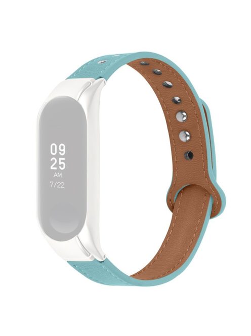 For Xiaomi Mi Band 7 Replacement Strap Top Layer Cowhide Adjustable Wrist Band with Double Rivet, Silver Watch Case - Blue