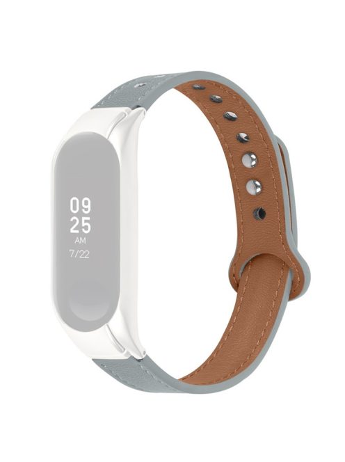 For Xiaomi Mi Band 7 Replacement Strap Top Layer Cowhide Adjustable Wrist Band with Double Rivet, Silver Watch Case - Grey