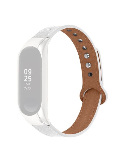 For Xiaomi Mi Band 7 Replacement Strap Top Layer Cowhide Adjustable Wrist Band with Double Rivet, Silver Watch Case - White