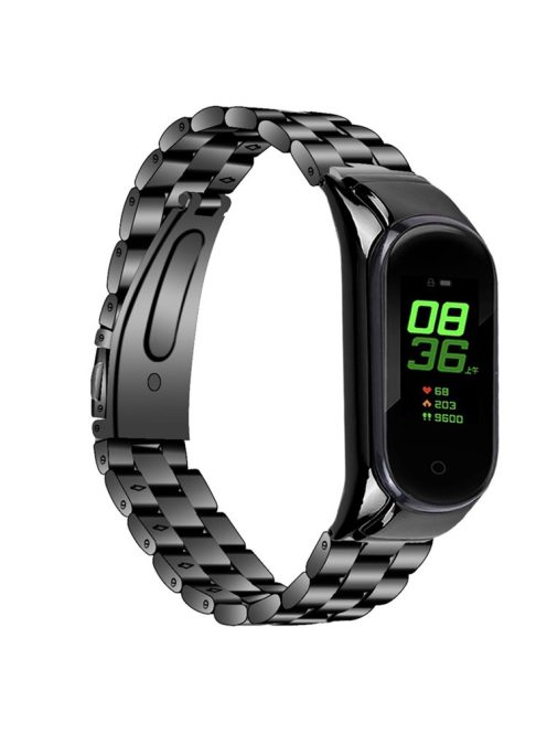 For Xiaomi Mi Band 7 Stainless Steel Three-bead Wrist Strap Replacement Watch Band with Foldable Buckle - Black