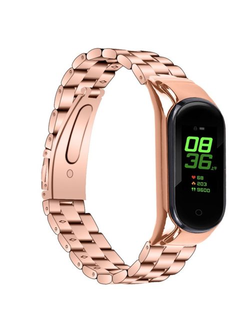 For Xiaomi Mi Band 7 Stainless Steel Three-bead Wrist Strap Replacement Watch Band with Foldable Buckle - Rose Gold