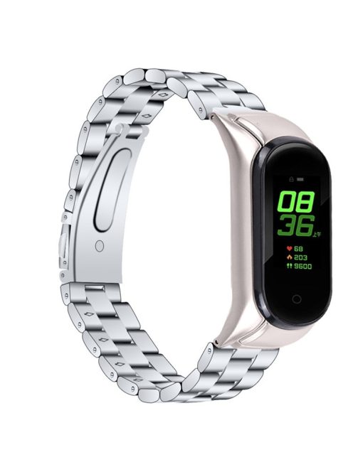 For Xiaomi Mi Band 7 Three-bead Wrist Strap Stainless Steel Watch Band Replacement with Foldable Buckle - Silver