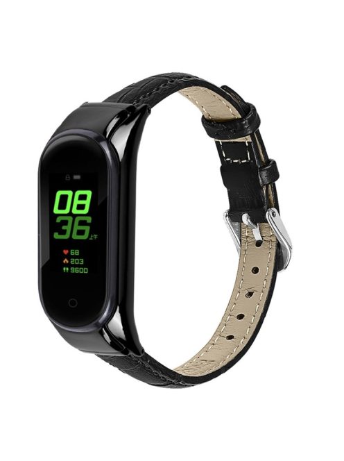 For Xiaomi Mi Band 7 Top Layer Cowhide Leather Bamboo Grain Watch Band with Anti-fall Black Watch Cover - Black